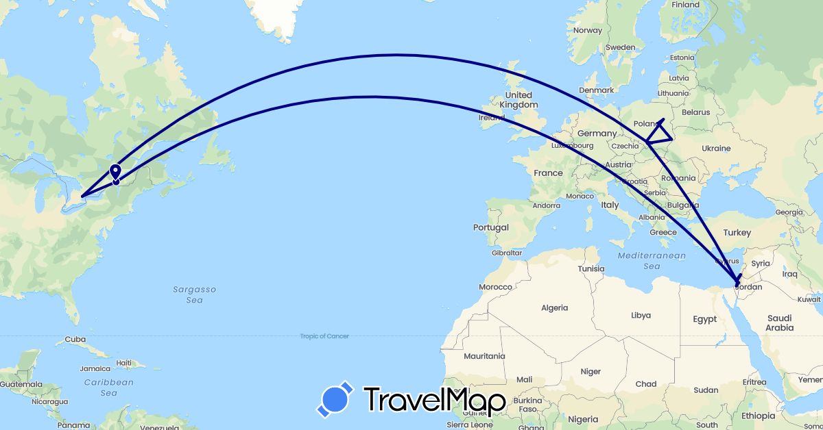 TravelMap itinerary: driving in Canada, Israel, Poland, Palestinian Territories (Asia, Europe, North America)
